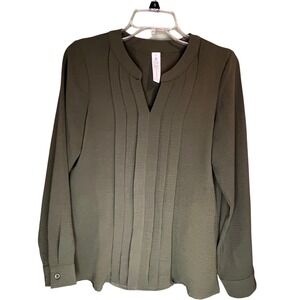 "B"‎ Olive Green Pleated Front Long Sleeve Split V-Neck Crepe Blouse Small